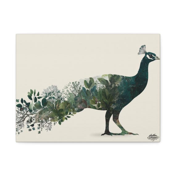 Peacock Silhouette with Botanical Foliage – Minimalist Nature Canvas Wall Art | Peacock Wall Decor 30 cm × 40 cm / 45 cm × 61 cm