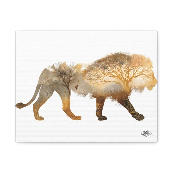 Lion Silhouette with Savanna Landscape – Minimalist Nature Canvas Wall Art available in 28 × 35 cm / 30 × 40 cm / 45 × 61 cm