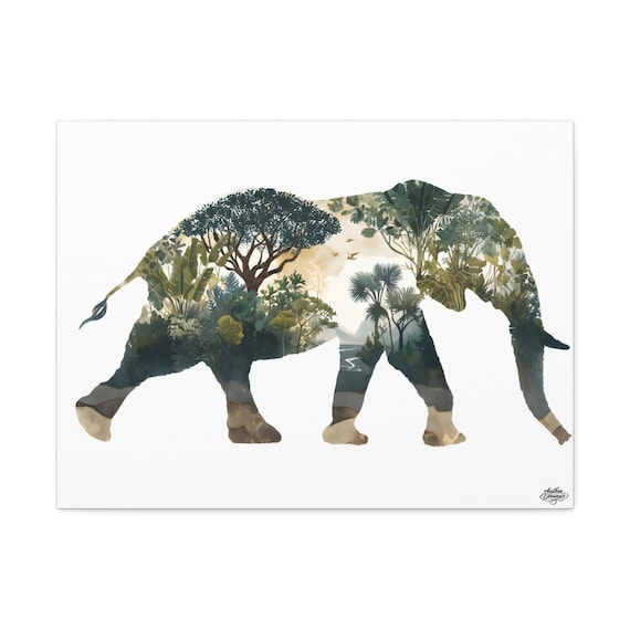Elephant Silhouette with Tropical Jungle – Minimalist Nature Canvas Wall Art | Safari Wall Decor 45 cm × 61 cm