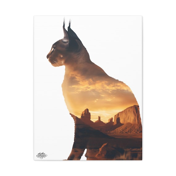 Caracal Silhouette with Desert Canyon – Minimalist Nature Canvas Wall Art | Wildlife Wall Decor 45 cm × 61 cm
