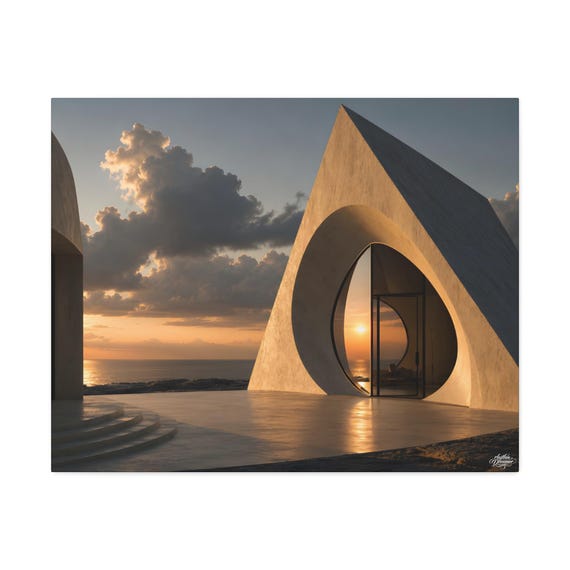 Canvas wall art futuristic arch facing the ocean – minimalist beige decor for modern living room. Available in 61 cm × 76 cm.