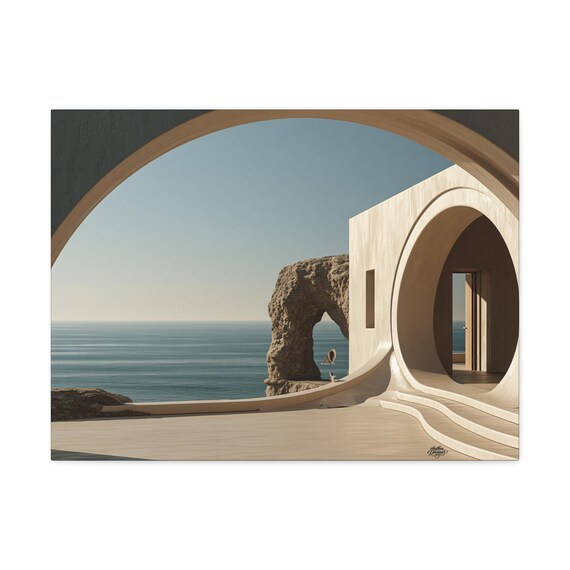 Canvas wall art minimalist arch facing the ocean – elegant wall decor for modern living room. Available in 45 cm × 61 cm / 61 cm × 76 cm.