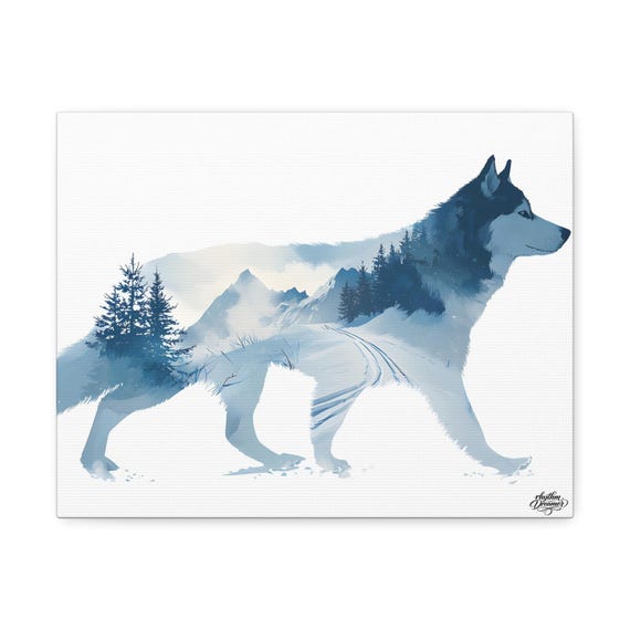 Husky Silhouette with Snowy Alpine Landscape – Minimalist Nature Canvas Wall Art | 28 cm × 35 cm / 30 cm × 40 cm / 45 cm × 61 cm