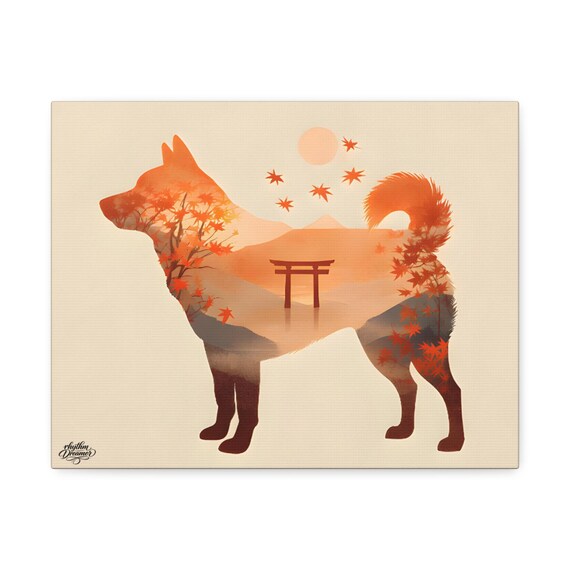 Shiba Inu Silhouette with Japanese Landscape | Minimalist Nature Canvas Wall Art 28 cm × 35 cm / 30 cm × 40 cm / 45 cm × 61 cm