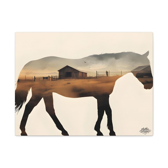 Horse Silhouette with Ranch Landscape – Minimalist Nature Canvas Wall Art | Horse Decor 45 cm × 61 cm / 61 cm × 76 cm