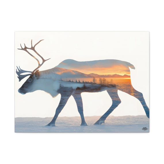 Caribou silhouette wall art with winter landscape – Minimalist nordic nature canvas, mountain decor 45 cm × 61 cm / 61 cm × 76 cm