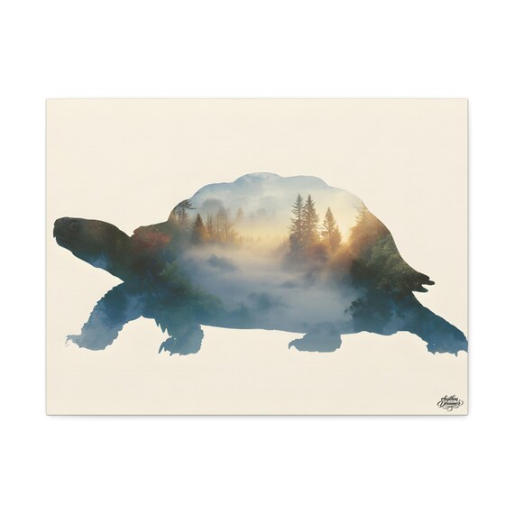 Turtle Silhouette with Misty Forest – Minimalist Nature Canvas Wall Art | Wildlife Wall Decor 45 cm × 61 cm