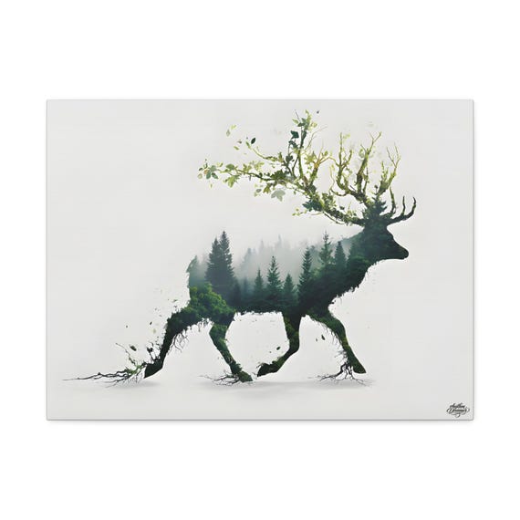 Deer Silhouette with Conifer Forest – Minimalist Nature Canvas Wall Art | Forest Decor 45 × 61 cm