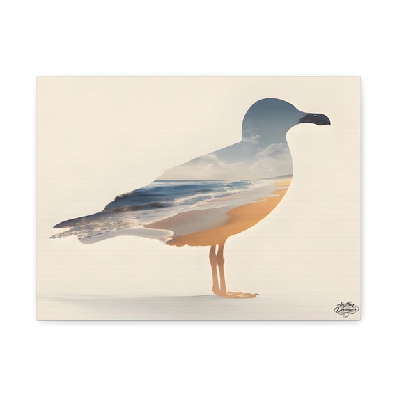 Seagull Silhouette with Ocean Beach Landscape – Minimalist Nature Canvas Wall Art | Coastal Wall Decor 30 cm × 40 cm / 45 cm × 61 cm