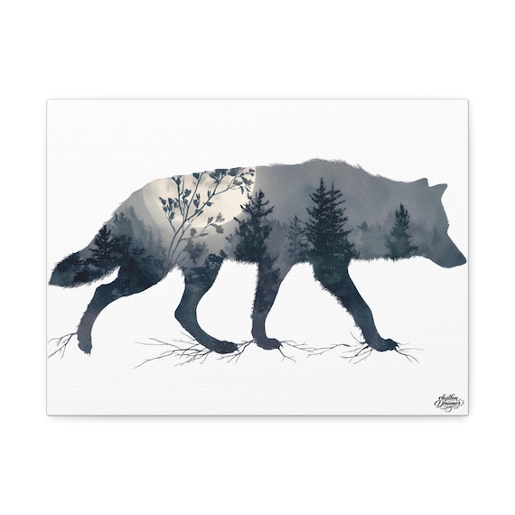 Wolf Silhouette with Misty Forest – Minimalist Nature Canvas Wall Art | Wildlife Wall Decor 30 cm × 40 cm / 45 cm × 61 cm / 61 cm × 76 cm