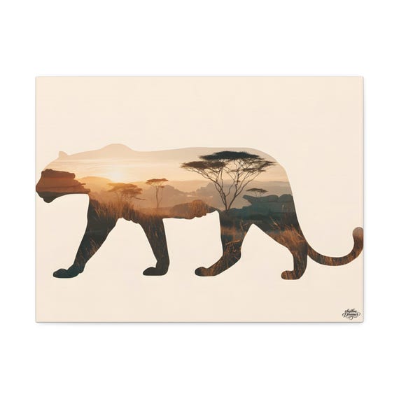Leopard Silhouette with Savannah Landscape – Minimalist Nature Canvas Wall Art | Wildlife Wall Decor 45 cm × 61 cm / 61 cm × 76 cm
