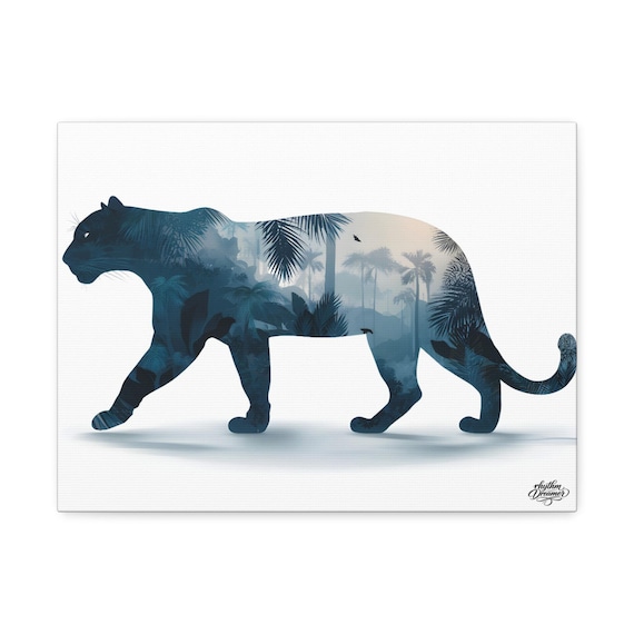 Black Panther Silhouette with Jungle Landscape – Minimalist Nature Canvas Wall Art | Tropical Deco 30 cm × 40 cm / 45 cm × 61 cm