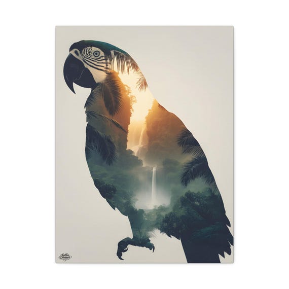 Parrot Silhouette with Tropical Jungle Waterfall – Minimalist Nature Canvas Wall Art | Exotic Wall Decor 45 cm × 61 cm / 61 cm × 76 cm