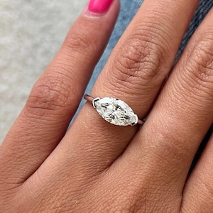 East West Marquise Diamond Engagement Ring / 1.5 Carat Marquise Cut Lab Grown Diamond EV VVS / East West Set / 14k White Gold Solitaire Ring