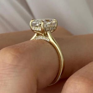 2 Carat Elongated Cushion Lab Grown Diamond Cathedral Engagement Ring / 14K Yellow Gold Hidden Halo Gallery Wedding Ring / High Set Ring