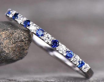 14k Solid White Gold Wedding Band-0.24 TC Moissanite Stacking Band-Round Cut Blue Sapphire/Colorless Accent-Matching Band-Half Eternity Band