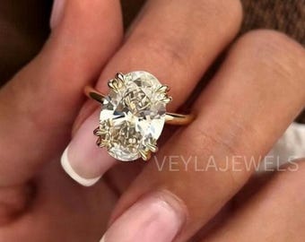 5 karaat ovale lab-gegroeide diamanten ring, 14K geelgouden verlovingsring, Double Claw Prong Solitaire, IGI-gecertificeerde diamanten ring, cadeau voor haar