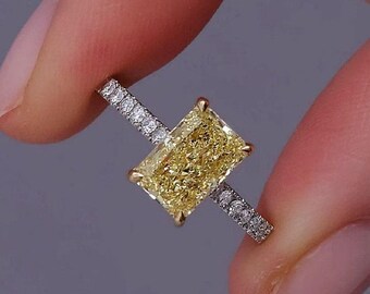 2CT Fancy Vivid Yellow Radiant Cut Lab Grown Diamond Ring | 14K Solid Gold Hidden Halo ,Half Eternity Cathedral Band, Promise Ring For Her