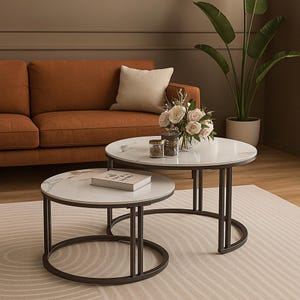 Set of 2 Round Nesting Coffee Tables – Modern Sintered Stone Top & Aluminum Base – Space Saving Accent Tables for Living Room
