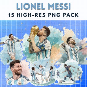Puede incluir: Un paquete de arte digital con Lionel Messi en varias poses de acción. La imagen incluye el texto "LIONEL MESSI" y "15 HIGH-RES PNG PACK". Messi aparece con su uniforme de la selección argentina, celebrando con la Copa del Mundo y jugando al fútbol.
