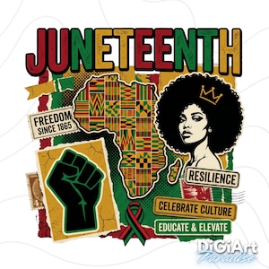 Puede incluir: Un diseño gráfico de Juneteenth con el texto JUNETEENTH, FREEDOM SINCE 1865, RESILIENCE, CELEBRATE CULTURE y EDUCATE & ELEVATE. Incluye un mapa de África con patrones kente, un puño en alto, una persona con afro y corona, y una cinta decorativa.