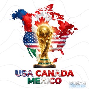 May include: A golden trophy with a world map background featuring the flags of the USA, Canada, and Mexico. The text "USA CANADA MEXICO" is displayed below the trophy, with each word styled in the colors of the respective flags. The image has a white background.