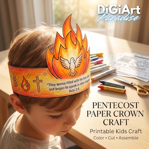 May include: A paper crown craft featuring a flame design and a dove, with the text "They werea filled with the Holy Spirit and began to speak in other tongues Acts 2:4". The crown is designed for children and is to be coloured, cut, and assembled.