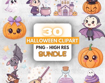 Kawaii Halloween Clipart Bundle: Pastel Ghost, Pumpkin, Witch PNGs (Digital Download