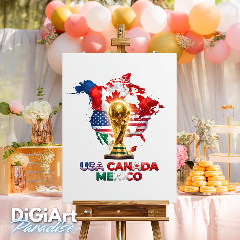 May include: A white sign on a wooden easel features a gold trophy and a map of North America, with the flags of the USA, Canada, and Mexico. The text "USA CANADA MEXICO" is below the map. Balloons and flowers decorate the background.