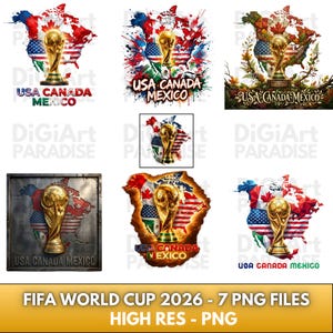 May include: Collection of seven PNG files featuring the FIFA World Cup trophy. Designs include the trophy set against the flags of the USA, Canada, and Mexico, with text that reads "USA CANADA MEXICO".