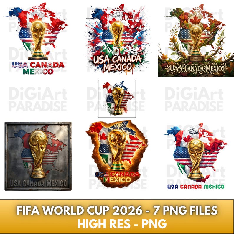 May include: Collection of seven PNG files featuring the FIFA World Cup trophy. Designs include the trophy set against the flags of the USA, Canada, and Mexico, with text that reads "USA CANADA MEXICO".
