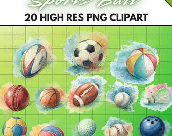 Imágenes prediseñadas de balones deportivos en acuarela: gráficos PNG para uso comercial (descarga digital)