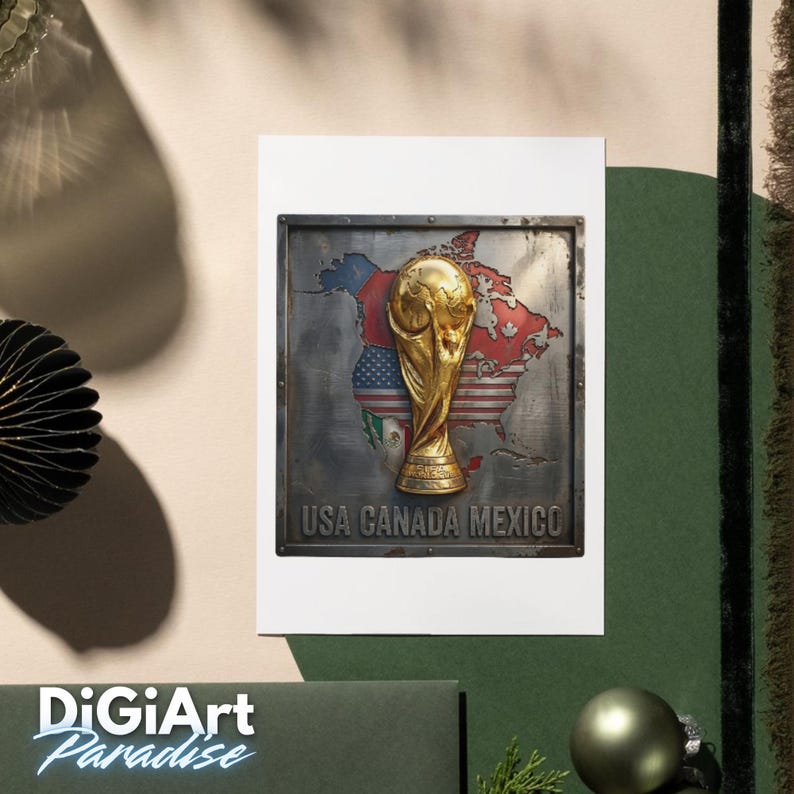 May include: A gold-colored trophy on a metal plaque with a map of North America, including the USA, Canada, and Mexico. The plaque is set against a white background, with the text "USA CANADA MEXICO" below the map. The image also includes the text "DigiArt Paradise".