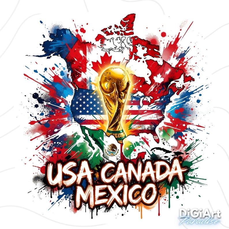 May include: A graphic design featuring the FIFA World Cup trophy, set against a backdrop of the USA, Canada, and Mexico flags and map outlines. The words "USA CANADA MEXICO" are prominently displayed in a graffiti-style font, with colorful paint splatters.