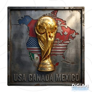 May include: A gold-colored FIFA World Cup trophy is centered on a metal plaque. The plaque features a map of North America with the flags of the USA, Canada, and Mexico. The text "USA CANADA MEXICO" is at the bottom.