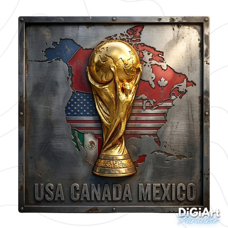 May include: A gold-colored FIFA World Cup trophy is centered on a metal plaque. The plaque features a map of North America with the flags of the USA, Canada, and Mexico. The text "USA CANADA MEXICO" is at the bottom.