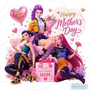 Può includere: Illustrazione digitale per la festa della mamma con tre donne, fiori e regali. L'immagine include un palloncino rosa a forma di cuore con la scritta "Best Mom Ever" e un biglietto a forma di cuore con "Thank you Mom". Sono visibili anche le parole "Happy Mother's Day".