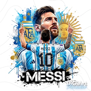 Puede incluir: Una ilustración digital de Lionel Messi vistiendo una camiseta de fútbol de Argentina con el número 10, con un fondo estilo acuarela con salpicaduras de pintura azul y amarilla, el logo de la AFA, el emblema del sol y el texto MESSI abajo.