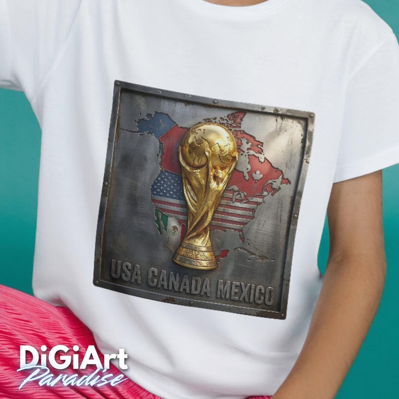 May include: White t-shirt featuring a metallic-style graphic of the FIFA World Cup trophy. The graphic includes a map of North America with the flags of the USA, Canada, and Mexico, and the text "USA CANADA MEXICO". The DigiArt Paradise logo is visible.