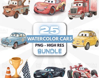 May include: Watercolor illustrations of various cartoon cars, including a tow truck, a red race car with the number 95, and a semi-truck. The image also features a blue sedan, a yellow compact car, a black race car, and a red Formula 1 car. Text reads "25 WATERCOLOR CARS PNG - HIGH RES BUNDLE."