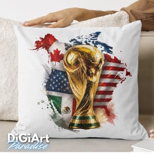 May include: White decorative pillow featuring a golden trophy, with a backdrop of North American flags and a map outline. The flags of the United States, Canada, and Mexico are visible. The pillow has the text "DigiArt Paradise" at the bottom.