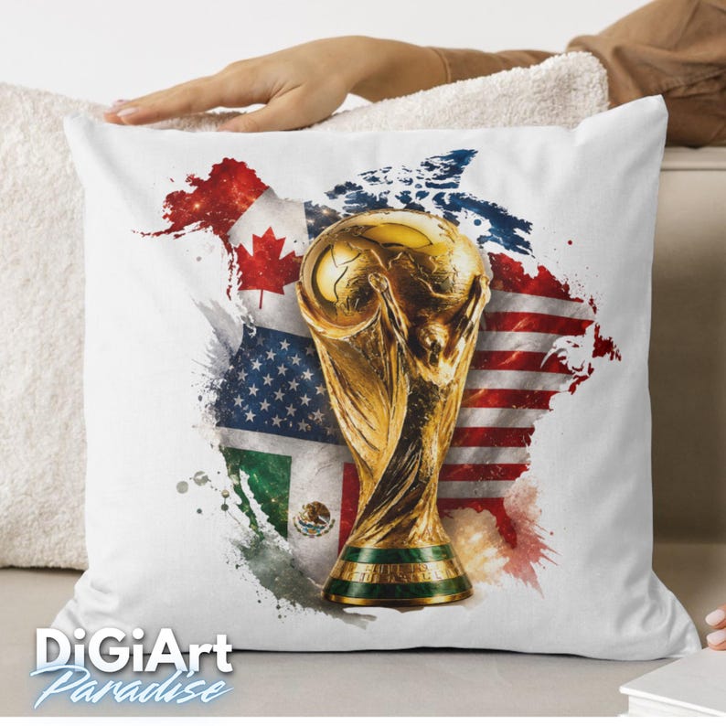 May include: White decorative pillow featuring a golden trophy, with a backdrop of North American flags and a map outline. The flags of the United States, Canada, and Mexico are visible. The pillow has the text "DigiArt Paradise" at the bottom.