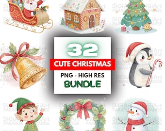 Watercolor Christmas Clipart, Holiday PNG Illustrations (32 Files)