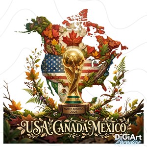 May include: A golden trophy on a wooden base, with the text "NORTH AMERICA 2026". The trophy is set against a backdrop of a map of North America, incorporating the flags of the USA, Canada, and Mexico, with autumn leaves. The words "USA CANADA MEXICO" are displayed in an elegant font.