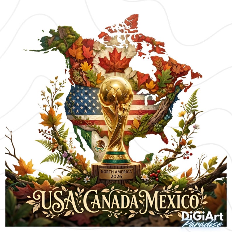 May include: A golden trophy on a wooden base, with the text "NORTH AMERICA 2026". The trophy is set against a backdrop of a map of North America, incorporating the flags of the USA, Canada, and Mexico, with autumn leaves. The words "USA CANADA MEXICO" are displayed in an elegant font.
