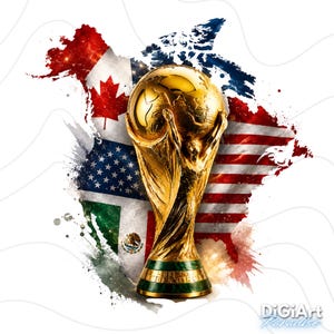 May include: A golden trophy with a green base, representing a world championship, is centered against a backdrop of North American flags. The flags of the United States, Canada, and Mexico are artistically rendered.