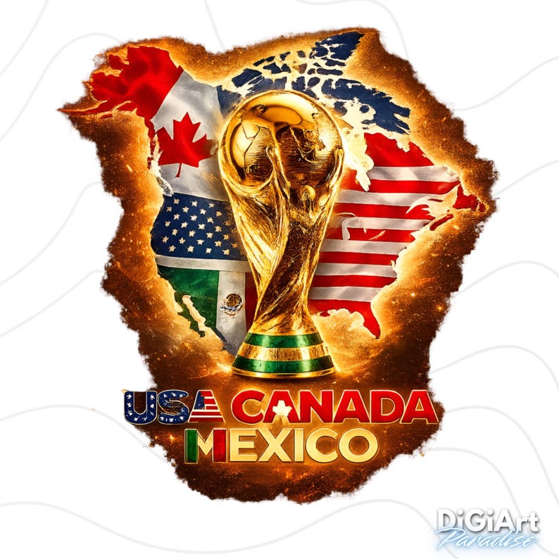 May include: A golden trophy with a green base is centered in front of a map outline featuring the flags of the USA, Canada, and Mexico. The text "USA CANADA MEXICO" is below the trophy, with a fiery border.