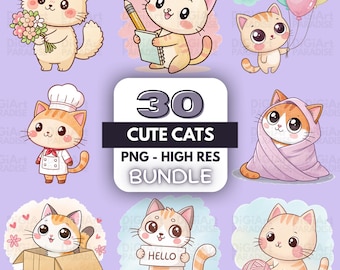 Paquete de imágenes prediseñadas de gatos kawaii: 30 pegatinas PNG de gatitos (descarga instantánea)