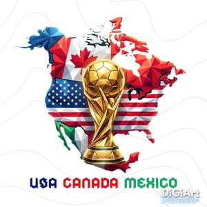 May include: A golden trophy cup stands before a stylized map of North America, with the flags of the USA, Canada, and Mexico integrated into the map's design. The text "USA CANADA MEXICO" is displayed in bold, colorful letters below the map.