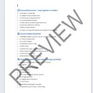May include: A white checklist titled "YOU'RE GOING TO USE ESSENTIALS CHECKLIST" with a list of items under the headings "Personal Documents" and "Accommodation Essentials". The word "PREVIEW" is stamped across the page.